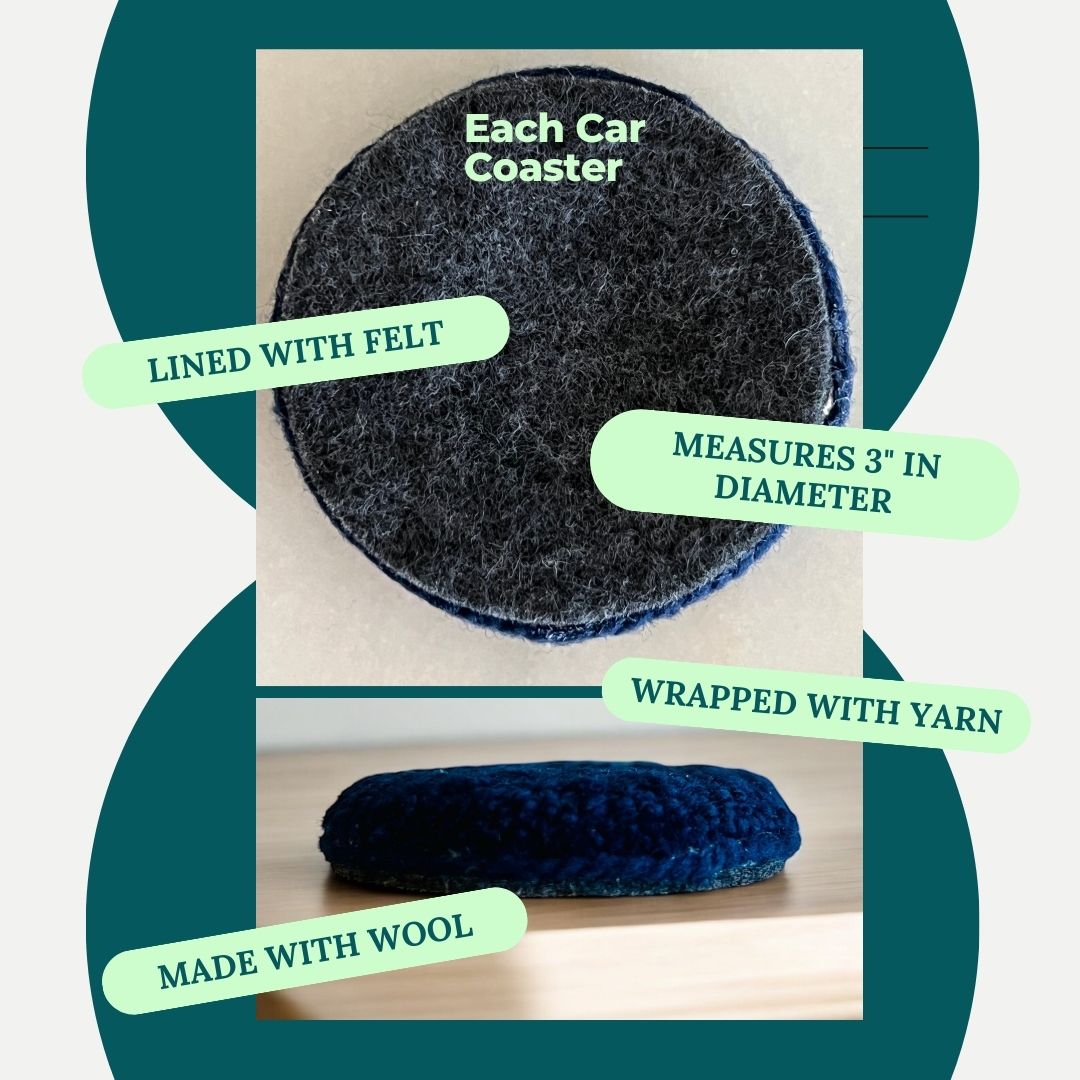 Each coaster is lined with felt and wrapped with yarn around seam between punch needle and felt
