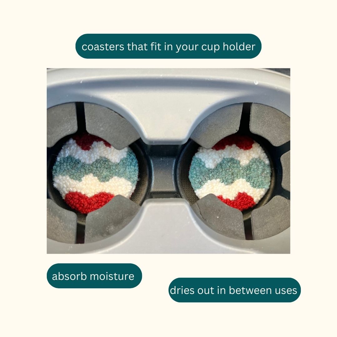 image shows how car coasters will look in the cup holder of car