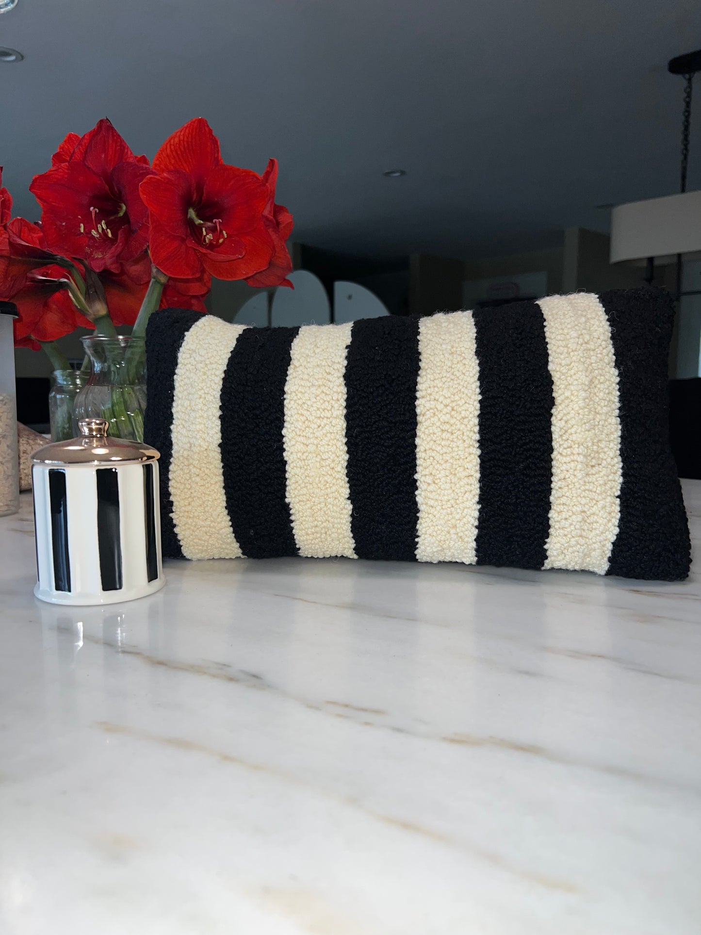 Black and Cream Striped Punch Needle Pillow