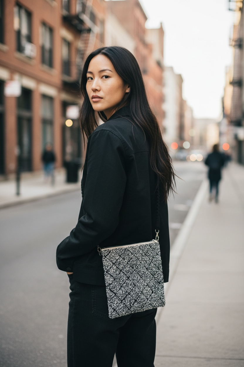 Grey and White Zipper Bag