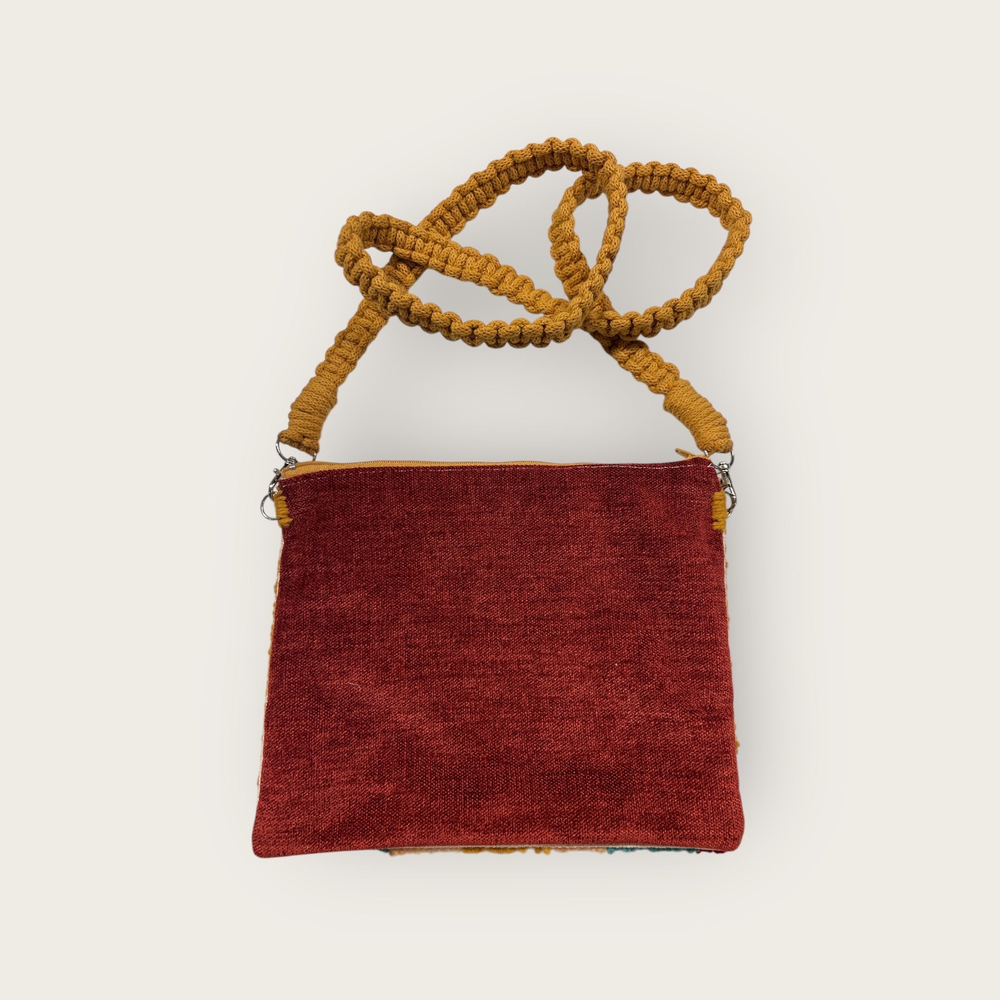 back view of zipper purse with coordinating red velour fabric