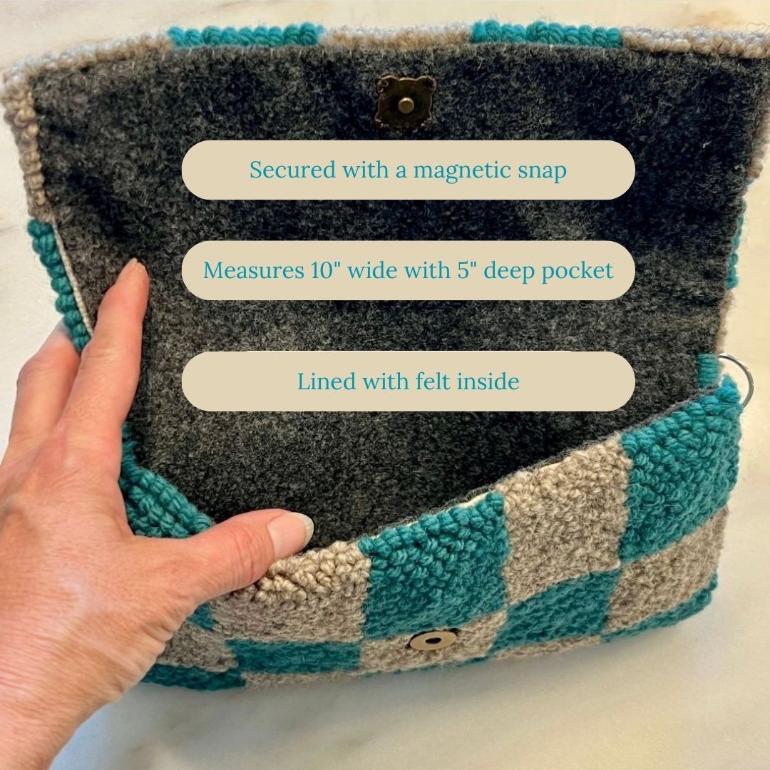 Secured with magnetic snap; measures 10" wide with 5" deep pocket; lined with felt inside