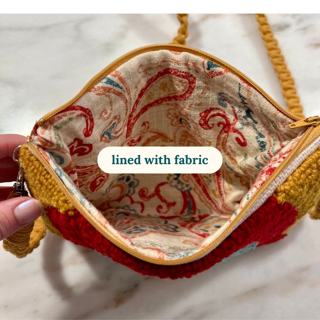 Inside of purse with printed fabric lining