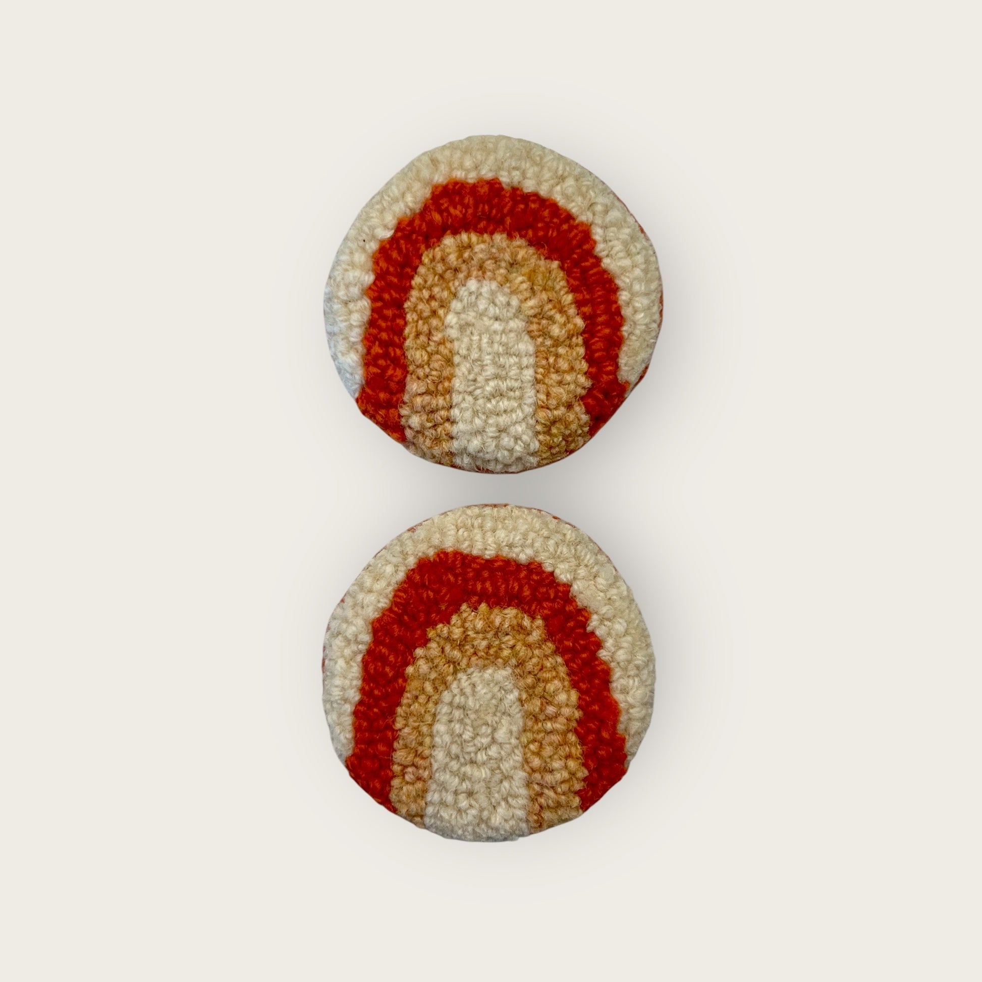 2 punch needle cream/orange/light orange rainbow coasters for the cup holder in your car

