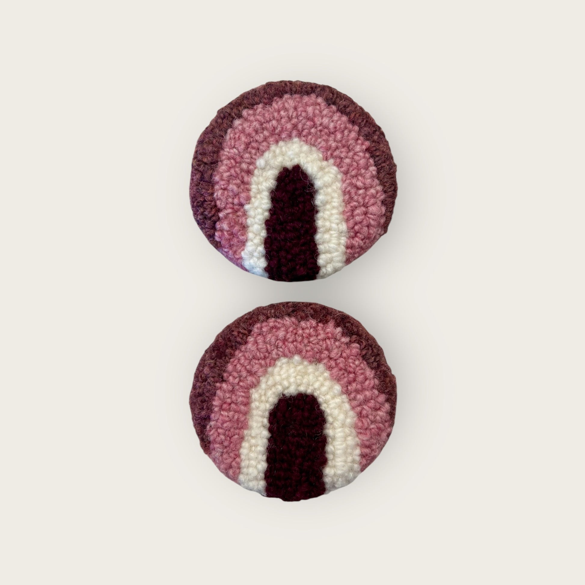 2 punch needle pink/maroon/white  rainbow coasters for the cup holder in your car